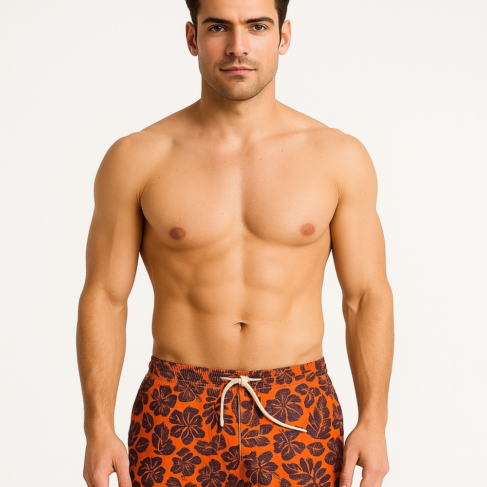 Trunks Surf & Swim Co Men's Floral Swim Shorts Orange Elastic Drawstring  P